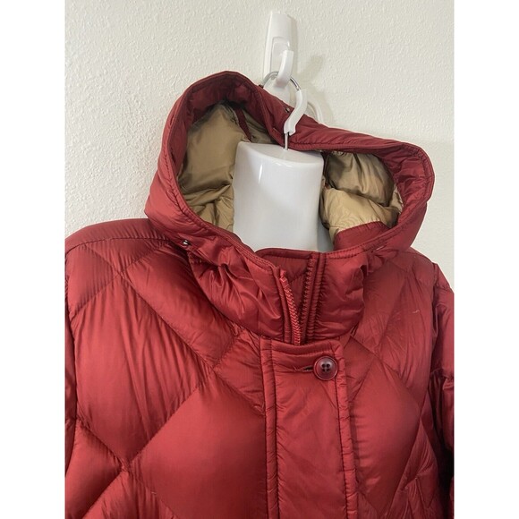 Abercrombie Fitch Down Quilted Jacket Medium Burgundy Womens Hooded Long Button - Picture 3 of 16